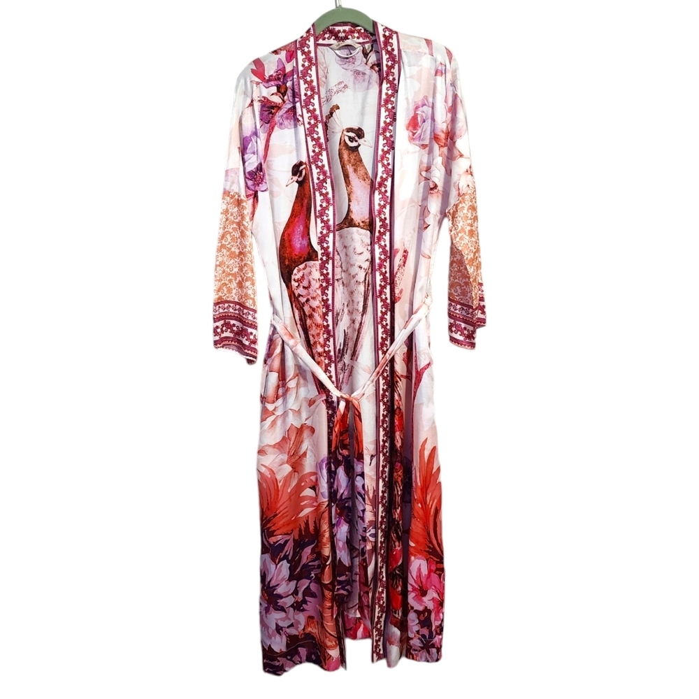 SOFT SURROUNDINGS Faye Silk Blend Peacock Kimono Robe Size Small